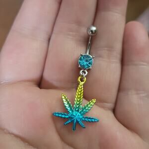 Stainless steel 14g fan leaf charm belly button ring, blue yellow ombre gradient